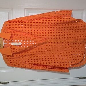 NWT ADIVA Bright Orange Eyelet Button Down Tunic Blouse